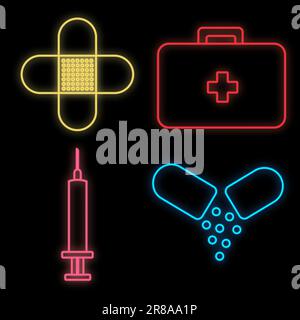 Leuchtendes Grün medizinisch wissenschaftlich digitales Neonschild für Labor Krankenhaus Apotheke Laden wunderschön glänzend mit einer Tablette, Spritze, Tannen Stock Vektor