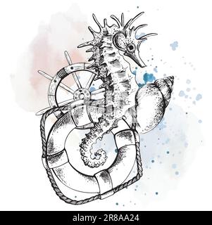 Seepferdchen mit Rettungsboje, Muschel und Ruder. Von Hand gezeichnete Schwarz-Weiß-Vektorgrafik für EPS. Isolierte Komposition auf weißem Hintergrund Stock Vektor