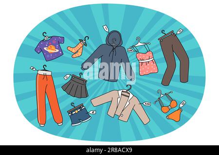 Diverse Kleidungsstücke mit ermäßigten Preisen auf saisonalen Verkauf im Geschäft. Verkauf von Modebekleidung im Rahmen von Werbeaktionen oder ermäßigten Preisen. Auf Lager: Bekleidung mit Tags. Flache Vektorgrafik. Stock Vektor