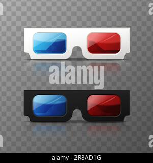 3D realistischer Vektor festgelegt. 3D-Kinobrille in Weiß und Schwarz. Isoliert auf transparentem Hintergrund. Stock Vektor