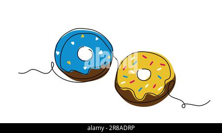 Zwei Donats-Vektoriliustration in den ukrainischen Farben Gelb und Blau. Einzeilige Kunstspenden Stock Vektor