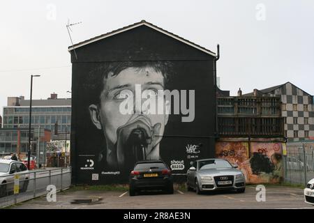 Ian Curtis, Wandmalerei, Joy Division, Manchester City Centre, Manchester, Greater Manchester, England, Großbritannien, Großbritannien. Stockfoto