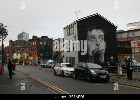 Wandbild von Ian Curtis, Joy Division, Manchester City Centre, Manchester, Greater Manchester, England, Großbritannien, Großbritannien. Stockfoto