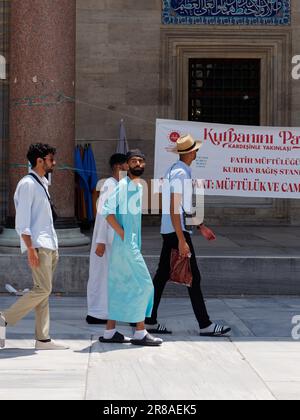 Muslimische Männer gehen im Innenhof, auch bekannt als Sahn der Suleymaniye-Moschee, Istanbul, Türkei Stockfoto