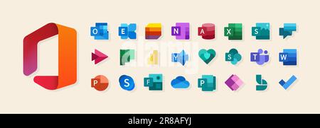 Microsoft Office 365: Excel, PowerPoint, Publisher, Sway, Outlook, SharePoint, Access, Exchange Word Yammer OneDrive Team Skype OneNote Yammer Editor Stock Vektor
