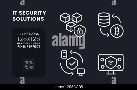 Datenschutzlösungen weiße lineare Desktop-Symbole auf Schwarz Stock Vektor