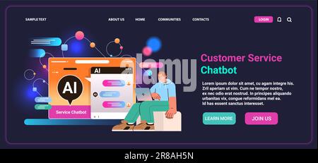 Ein Mann, der mit einem Chat-bot im Dialog steht und Fragen stellt und Antworten erhält, ist beim Kundenservice von Chatbot-Support behilflich Stock Vektor