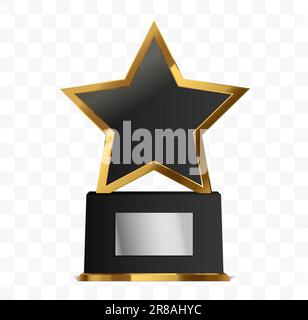 Auszeichnung mit dem Star Shape Trophy Award isoliert. Vektordarstellung des Goldpreises auf schwarzer Plattform Stock Vektor