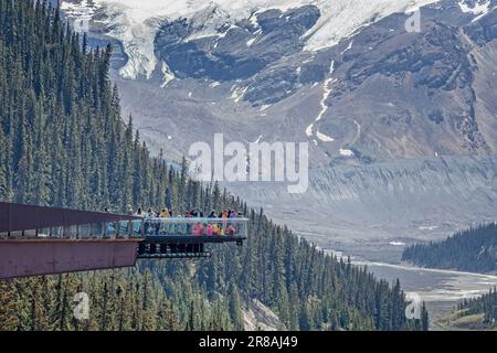 Der Columbia Icefield Skywalk mit Glasboden schwebte am 6. Juni 2023in über dem Tal im Jasper National Park, Alberta, Kanada Stockfoto