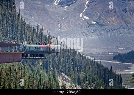 Der Columbia Icefield Skywalk mit Glasboden schwebte am 6. Juni 2023in über dem Tal im Jasper National Park, Alberta, Kanada Stockfoto