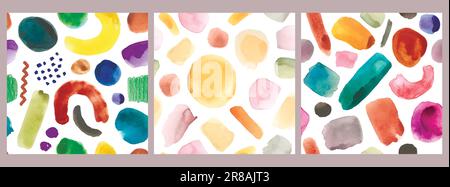 Vektorsatz abstrakter Pinsel, künstlerisch farbenfrohe nahtlose Muster. Handgezeichnete geometrische Formen, Kreise, Punktzusammensetzungen. Stock Vektor
