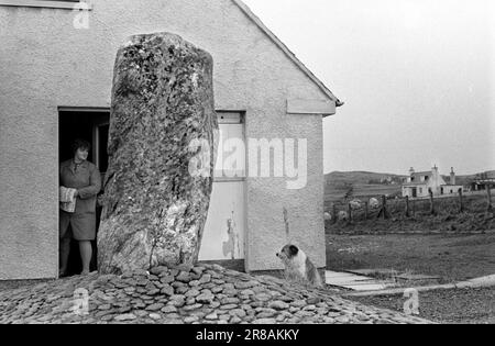 Callanish, Isle of Lewis, Äußere Hebriden Schottland Juni 1974. Ein abgelegener Stein im Stonefields council Housing Estate. Hier ist Haus Nummer 14 Stonefield. Der Stein ist Callanish XII, Teil des riesigen Netzes, das dieses Gebiet bedeckt und wahrscheinlich in irgendeiner Weise mit dem Mond ausgerichtet ist. Der Mieter und ihr Hund. 1970er Jahre Schottland Großbritannien HOMER SYKES Stockfoto