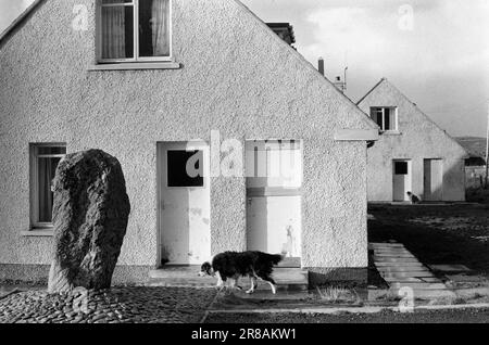 Callanisch, Isle of Lewis, Äußere Hebriden Schottland, ca. Juni 1974. Ein Randstein im Wohnungsbau des Stonefields council. Das ist Haus Nummer 14 Stonefield. Der Stein ist Callanish XII, Teil des riesigen Netzwerks, das diesen Bereich abdeckt und wahrscheinlich irgendwie auf den Mond ausgerichtet ist. 1970er Scotland UK HOMER SYKES Stockfoto