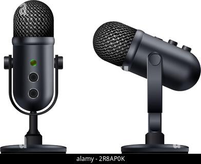 3D-Symbol für realistische Vektoren. Modernes schwarzes Sound-Mikrofon. Isoliert. Stock Vektor