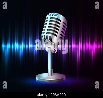 3D realistisches Vektorsymbol des Mikrofons mit bunten Schallwellen im Hintergrund. Stock Vektor