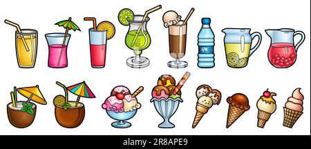 Zeichentrickset mit Doodle-Getränken, Eis, Obst. Sommer Strandessen und Getränke Vektor lustige Illustration. Isoliert auf weißem Hintergrund Stock Vektor