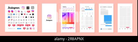 Instagram-Modell mit pastellfarbenem Hintergrund. Legen sie die Vorlage für soziale Medien und die Schnittstelle für soziale Netzwerke auf instagram-Bildschirm fest. Instagram-Bilderrahmen. Geschichten, zum Beispiel Stock Vektor