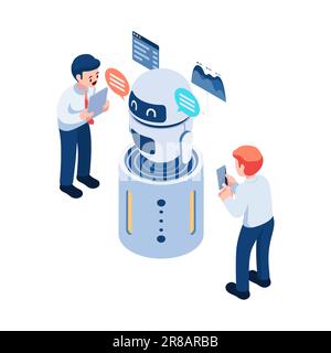 Flacher 3D isometrischer Geschäftsmann verwendet KI oder Chatbot mit künstlicher Intelligenz. Konzept für maschinelles Lernen und künstliche Intelligenz Stock Vektor