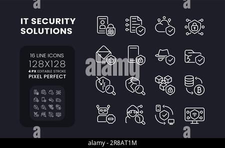 IT-Sicherheitslösungen weiße lineare Desktop-Symbole auf Schwarz Stock Vektor