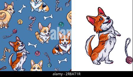 Set aus süßen Corgi-Hunden und nahtlosem Muster, handgezeichnete Zusammensetzung von Mustern und Accessoires für Haushunde. Süßer Corgi-Hund Stock Vektor