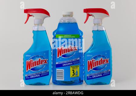 ST. PAUL, MN, USA - 9. JUNI 2023: Windex Glass Cleaner Container und Markenlogo. Stockfoto