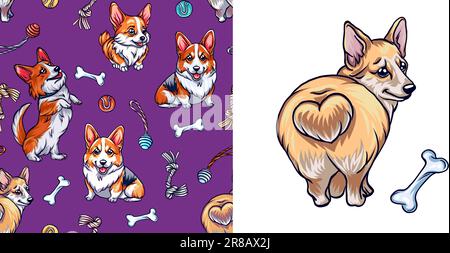 Set aus süßen Corgi-Hunden und nahtlosem Muster, handgezeichnete Zusammensetzung von Mustern und Accessoires für Haushunde. Süßer Corgi-Hund Stock Vektor