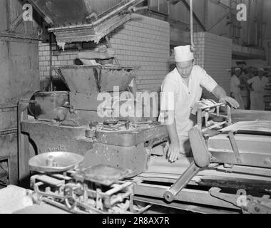 Tatsächlich 25/26- 1950: 300.000 Weihnachtsbrot die großen Bäckereien, die Maschinen laufen rund um die Uhr in den Tagen vor Weihnachten. In einer modernen Bäckerei wird heute alles mechanisch und nach allen Gesundheitsvorschriften gemacht, wir erlebten, dass, als wir Oslo Samvirkelags große Bäckerei in Hasle neulich besuchten. Es wurde 1934 in Auftrag gegeben und beschäftigt 60 Mitarbeiter. Die Falzmaschine, in der die Brotrohlinge geschnitten und geformt werden. Es bewegt sich auf einem Förderband. Auf der linken Seite sehen wir den Teig, der vom Boden über und in den Trichter kommt. Foto: Sverre A. Børretzen / Aktuell / NTB ***PHOT Stockfoto