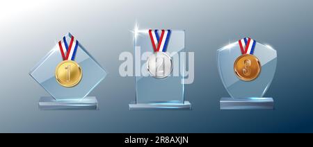 3D-Symbolsatz für realistische Vektoren. Glaskristall-Trophäe mit Gold-, Silber- und Bronzemedaillen. Stock Vektor