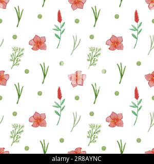 Nahtloses Blumenmuster mit wässrigen Blättern und Blumen auf weißem Hintergrund. Handgezeichnete Aquarelldarstellung Stockfoto
