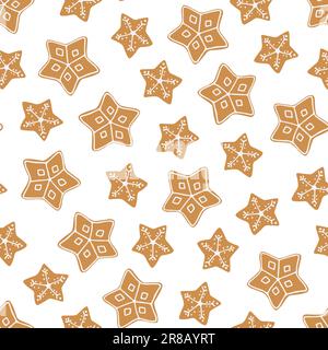 Nahtloses, niedliches Muster mit weihnachtskuchen mit Schneeflocken und Sternenkeksen. Wiederkehrender Weihnachtskarikaturhintergrund. Festlicher endloser Neujahrsdruck. Stock Vektor