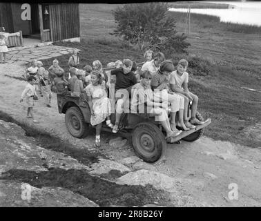 Actual 17-1950: Während die Kinder auf der Flucht sind, haben sich norwegische Verlage für bis zu 6 Wochen zusammengeschlossen und freie Urlaubskolonie für Kinder von Autoren. Sie gibt den Autoren die Möglichkeit, den Sommer zu nutzen, um über die Manuskripte von Büchern zu schwitzen, die hoffentlich noch vor Weihnachten veröffentlicht werden. Wenn Bengt Simonsen mit dem Jeep fährt, sind die Kinder wild und kämpfen darum, darauf zu sitzen. Mit einer solchen Beschichtung kann die Geschwindigkeit nicht so hoch sein. Der Jeep ist mit bis zu 24 Kindern ins Dorf gefahren! Foto: Sverre A. Børretzen / Aktuell / NTB ***FOTO NICHT IMAGE PROCESSED*** Stockfoto