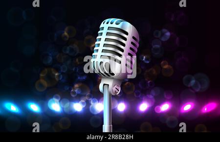 3D realistisches Vektorsymbol des Mikrofons mit bunten Schallwellen im Hintergrund. Stock Vektor