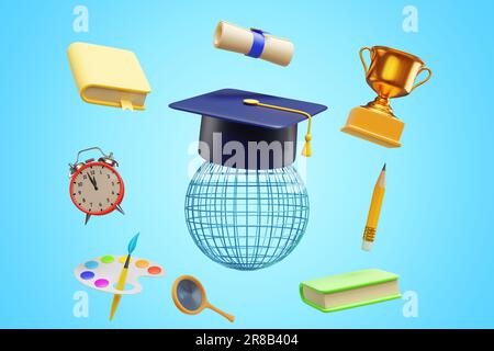 Erdensphäre, Globusrahmen in akademischer Abschlussmappe, umgeben von Bildungselementen. 3D-Rendering Stockfoto