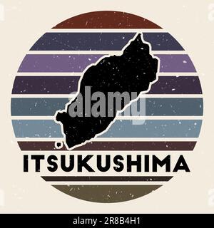 Itsukushima-Logo. Unterschreiben Sie mit der Karte der Insel und den farbigen Streifen, Vektordarstellung. Kann als Abzeichen, Firmenlogo, Label, Aufkleber oder Abzeichen von verwendet werden Stock Vektor