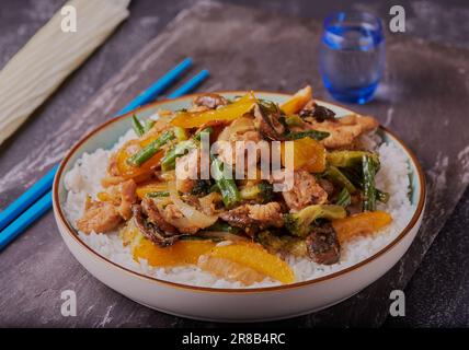 Hähnchen im asiatischen Stil mit weißem Reis. Stockfoto