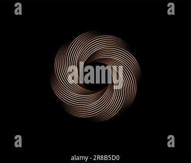 Abstrakter Vortex mit Metallic-Blüten, goldene geometrische Kreise, Logo isoliert auf schwarzem Hintergrund. Technologierundung in goldenen Wellenelementen Stock Vektor