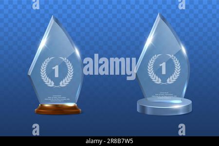 3D-Symbolsatz für realistische Vektoren. Transparente Trophäe aus Glas mit Kristall- und Holzbasis. Stock Vektor