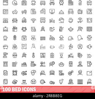 100 Bettsymbole eingestellt. Konturdarstellung eines auf weißem Hintergrund isolierten Vektorsatzes für 100 Bettsymbole Stock Vektor
