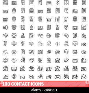 100 Kontaktsymbole eingestellt. Umrissdarstellung von 100-Kontaktsymbolen, die auf weißem Hintergrund isoliert sind Stock Vektor