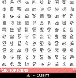 100 obere Symbole eingestellt. Umrissdarstellung der 100 oberen Symbole Vektorsatz isoliert auf weißem Hintergrund Stock Vektor