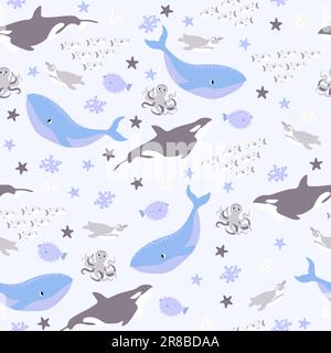Vektor nahtlose Muster mit Fisch, Pinguin, Wal, Killerwal, Oktopus.Underwater Cartoon Creatures.Marine background.Cute Ozean-Muster für Stoff Stock Vektor