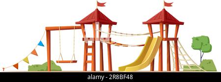 Isoliert auf weißem Hintergrund. Kinderspielplatz im Cartoon-Stil mit Rutschen, Schaukeln und Schloss. Stock Vektor