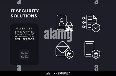 Cyber Security Solutions weiße lineare Desktop-Symbole auf Schwarz Stock Vektor