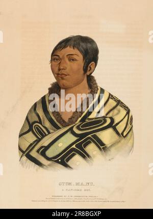 STUM-MA-NU, Ein JUNGE MIT FLACHEM KOPF, aus der Geschichte der Indianerstämme von Nordamerika. 1838 von McKenney und Hall, 1836-1844 Stockfoto