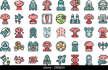 Atomwaffensymbole setzen Konturvektor. Militärschiff. Schrottboot, dünne Linie, flach auf weiß Stock Vektor