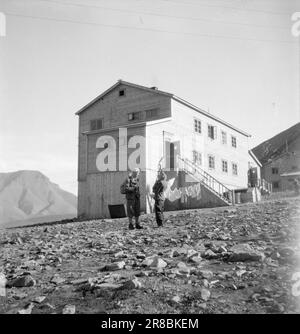 Derzeit 19-4-1947: Englische Dame in Svalbardenglisches Stadtmädchen für Polarnächte in Svalbard. Mrs. Kitty Thorbergsen traf Liebe in London, als sie als Bürodame im britischen Luftfahrtministerium arbeitete. In der Pension, in der sie wohnte, zog der Norweger per Thorbergsen schließlich ein, und es kam süße Musik. Jetzt sind sie verheiratet, haben Kinder und leben in Svalbard, wo per derzeit stationiert ist. Im zweiten Stock dieses Hauses, direkt über der hohen Treppe, hat die Familie ein Apartment mit 3 Zimmern und einer Küche. Es gibt wahrscheinlich Tausende, die sie hier in Norwegen beneiden. Das Haus, welches Stockfoto