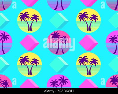 Nahtloses Muster mit Retro-Sonne und Palmen im Stil der 80s Jahre. Palmen bei Sonnenuntergang und 3D Würfel. Farbenfrohes Design mit tropischem Muster für Banner, Poster und Stock Vektor