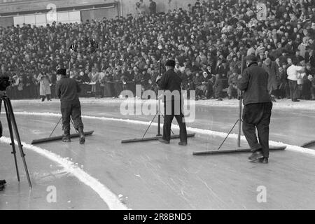 Tatsächlich 4-6-1947: WC auf EisskatingBoil für 10 Sekunden. Die Eiskunstlauf-Weltmeisterschaft 1947 verlief im Stil aller vorherigen großen Rennen dieses Jahres. Der Höhepunkt waren zweifellos die 10.000 Meter, auf denen Sverre Farstad aus Trønder gegen Finn Lassi Parkkinen kämpfte. Die Haupttribüne war während des gesamten Rennens voller Spannung, aber die trønder konnte Parkkinen nicht festhalten. Farstad verbrachte genau 10 Sekunden zu viel und wurde finnischer Weltmeister. Foto: Aktuell/NTB ***FOTO NICHT VERARBEITET*** Stockfoto