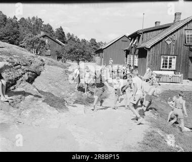 Actual 17-1950: Während die Kinder auf der Flucht sind, haben sich norwegische Verlage für bis zu 6 Wochen zusammengeschlossen und freie Urlaubskolonie für Kinder von Autoren. Sie gibt den Autoren die Möglichkeit, den Sommer zu nutzen, um über die Manuskripte von Büchern zu schwitzen, die hoffentlich noch vor Weihnachten veröffentlicht werden. Die Kinder spielen zuletzt im Hof. Die Insel ist 1.200 Hektar groß, so dass sie viel Platz zum Herumtouren haben. Foto: Sverre A. Børretzen / Aktuell / NTB ***FOTO NICHT IMAGE PROCESSED*** Stockfoto