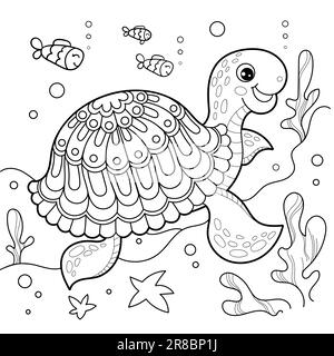 Fröhliche Meeresschildkröte unter Wasser. Schwarzweiß-Linearzeichnung. Für die Gestaltung von Malbüchern, Abzügen, Postern, Karten, Aufklebern, Rätsel, et Stock Vektor
